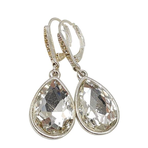 Teardrop Crystal Silver Tone Leverback Earrings 1990s Vintage - Picture 1 of 5